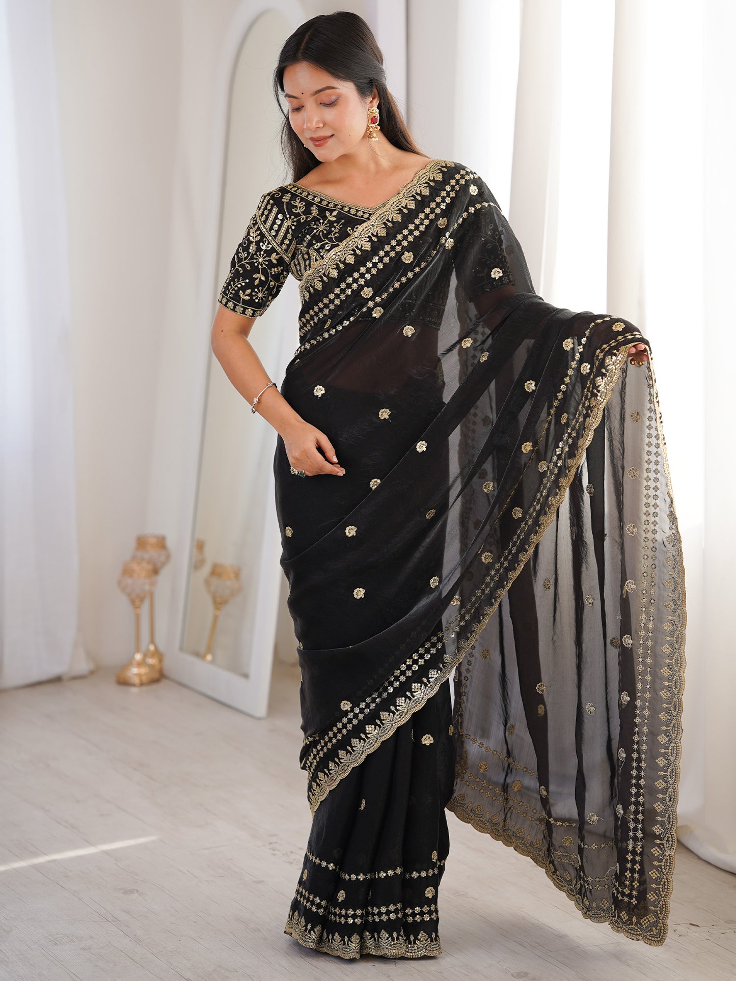 Women's Satin Black Embellished Designer Saree With Blouse Piece