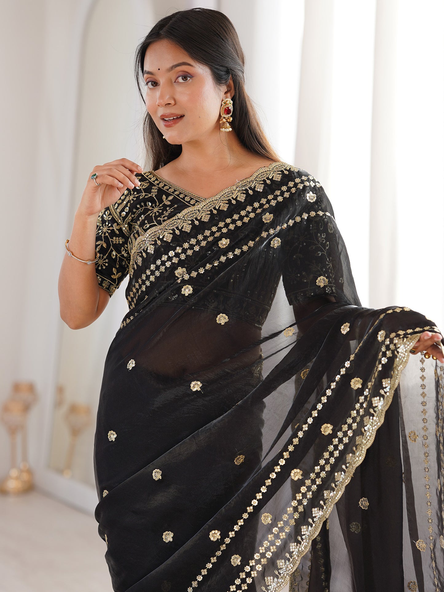 Women's Satin Black Embellished Designer Saree With Blouse Piece