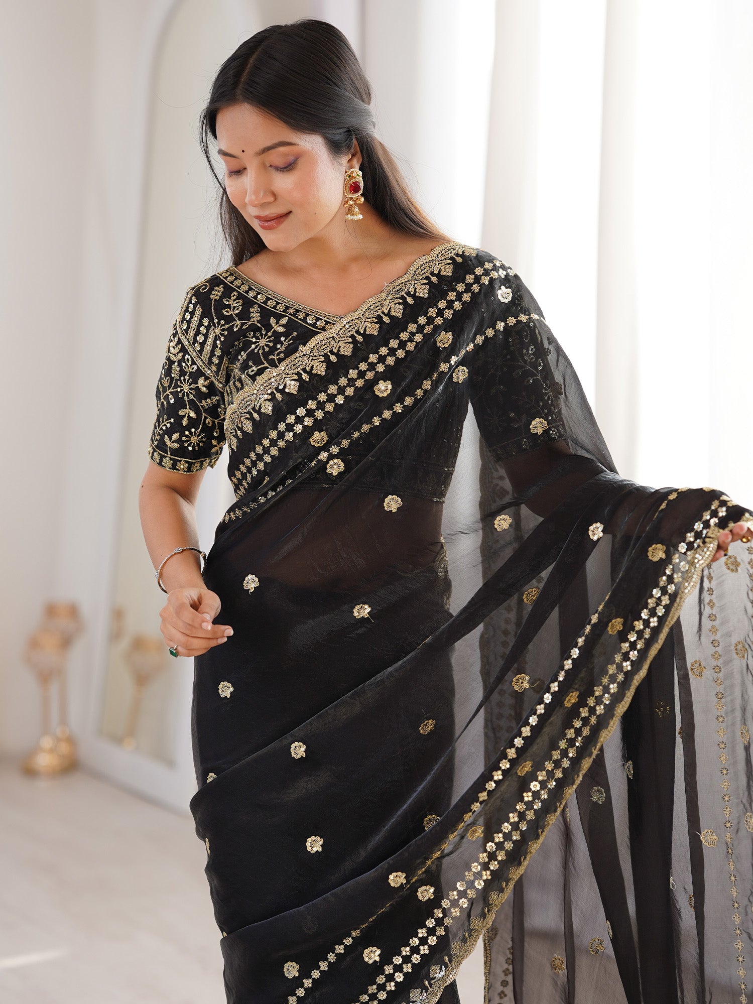Women's Satin Black Embellished Designer Saree With Blouse Piece