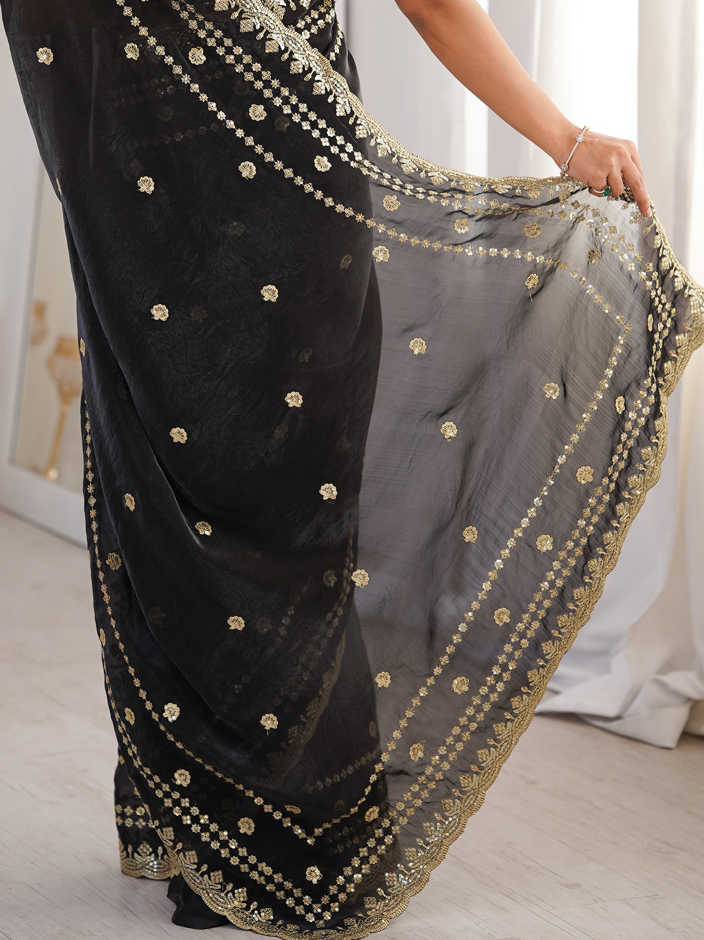 Women's Satin Black Embellished Designer Saree With Blouse Piece