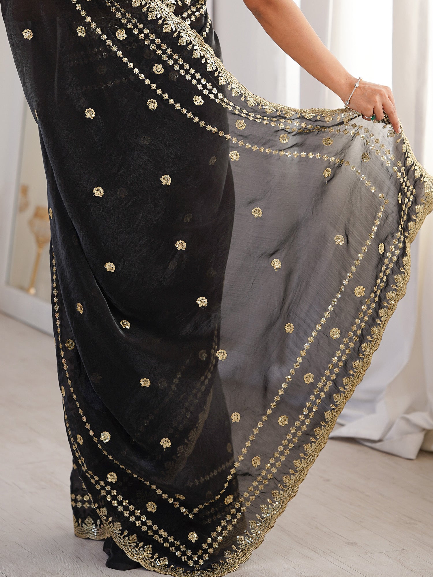 Women's Satin Black Embellished Designer Saree With Blouse Piece