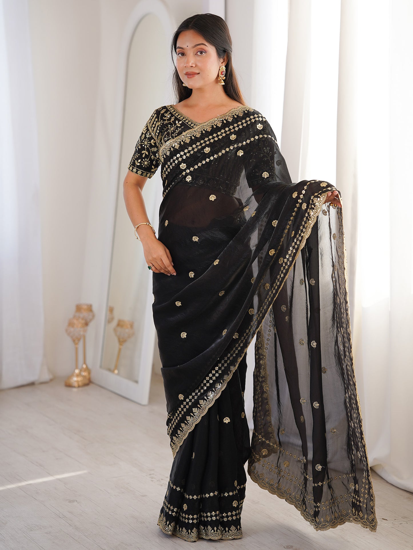 Women's Satin Black Embellished Designer Saree With Blouse Piece