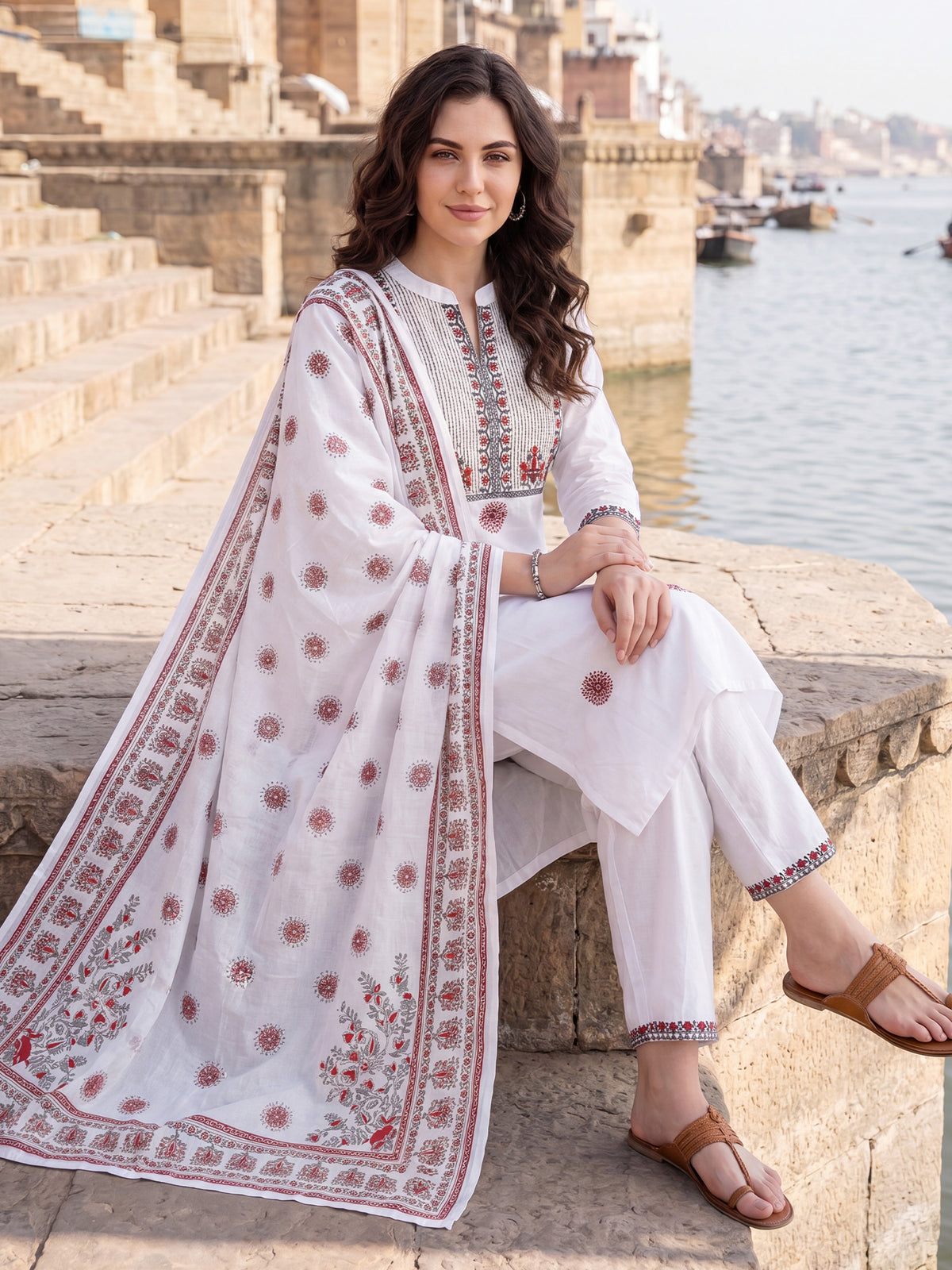 White Embroidered Straight Kurta Trousers With Dupatta Set-KH0WH13422