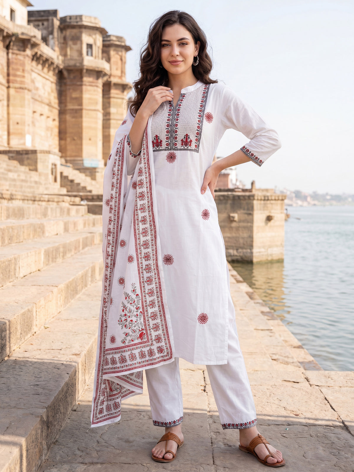 White Embroidered Straight Kurta Trousers With Dupatta Set-KH0WH13422