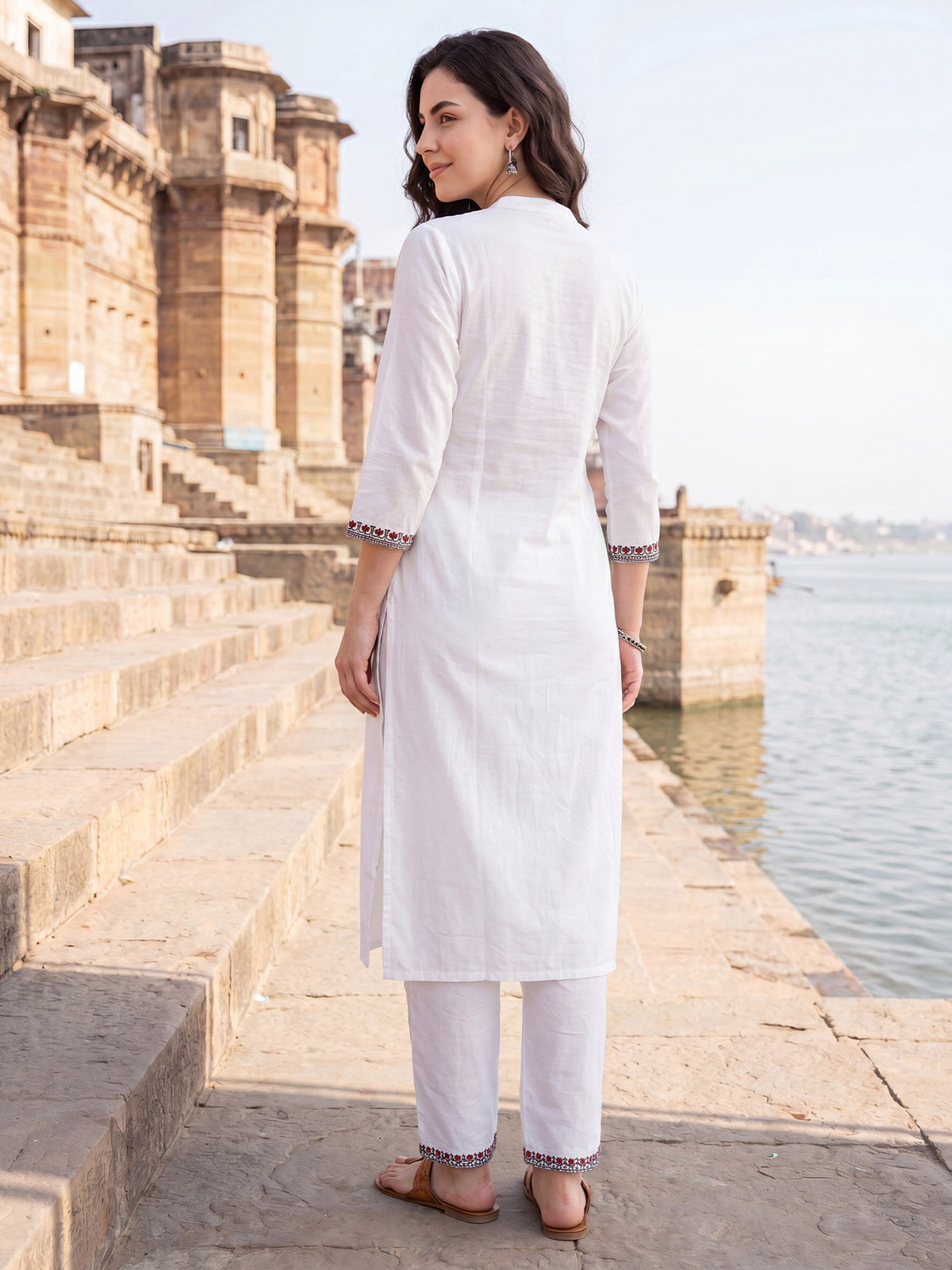 White Embroidered Straight Kurta Trousers With Dupatta Set-KH0WH13422