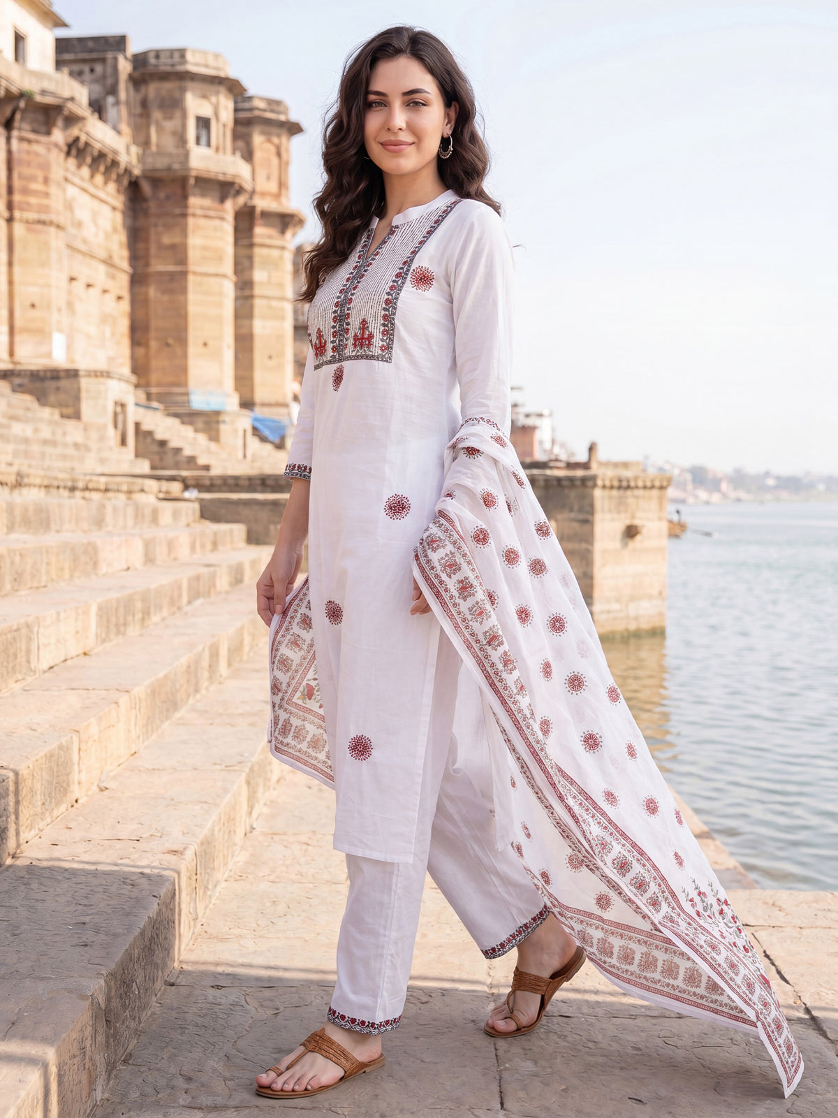 White Embroidered Straight Kurta Trousers With Dupatta Set-KH0WH13422