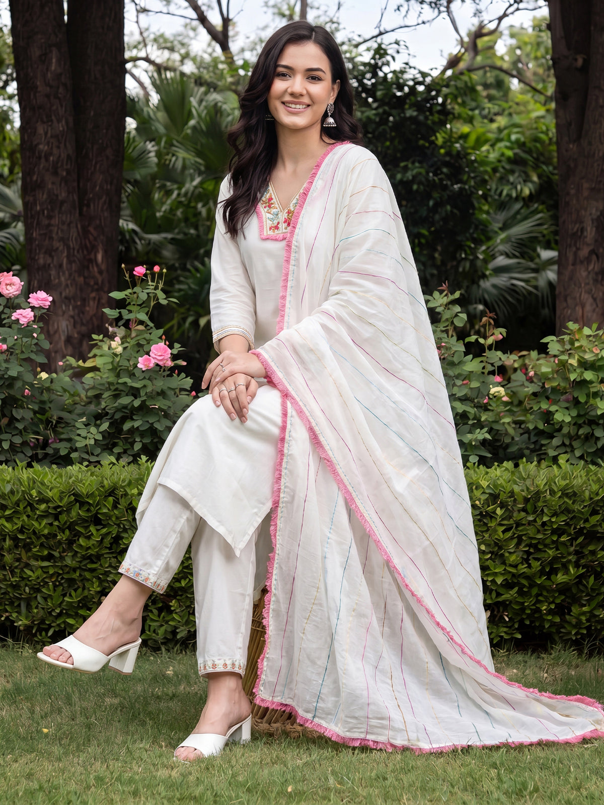 White Embroidered Straight Kurta Trousers With Dupatta Set-DD9KH569