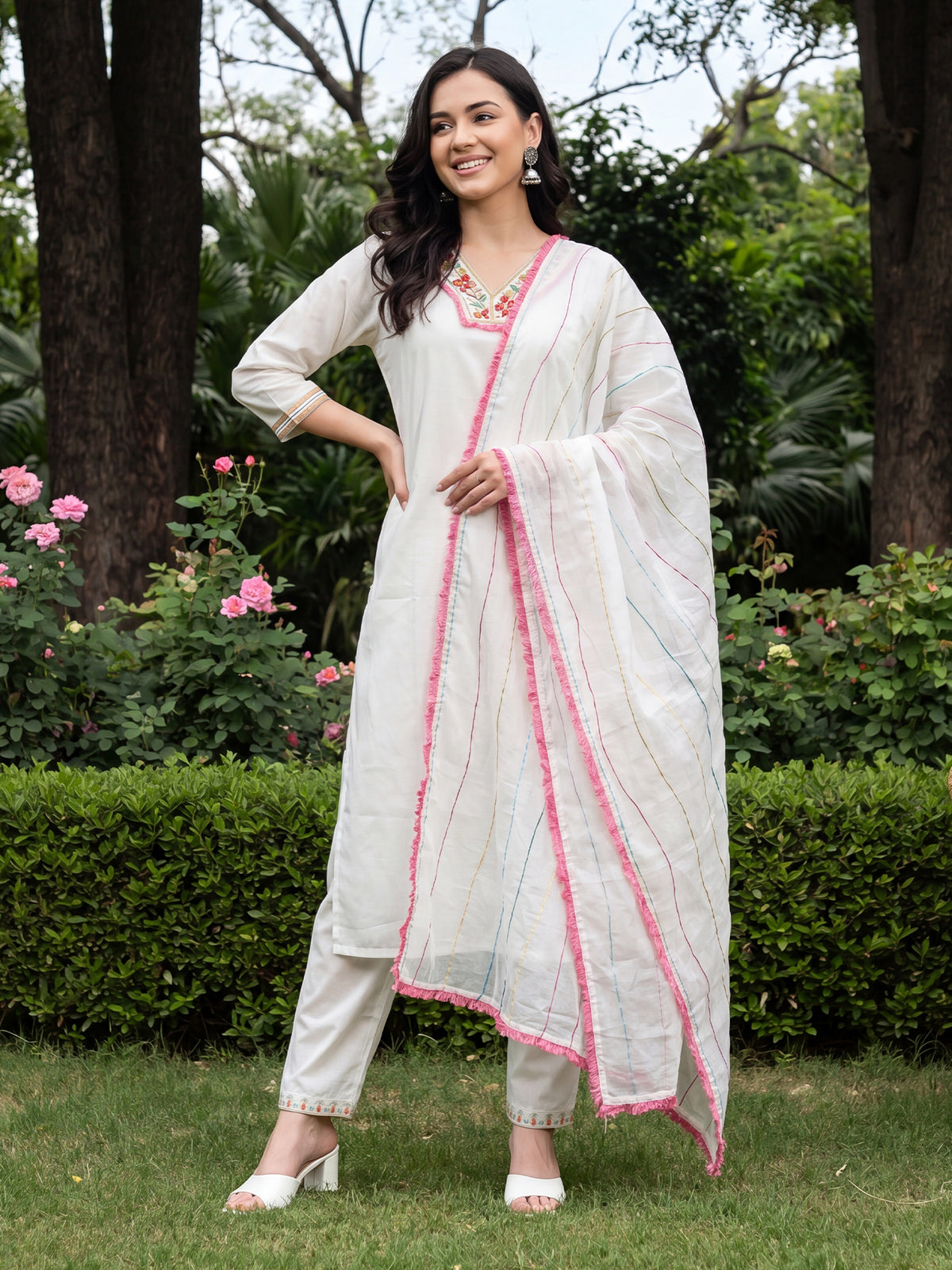 White Embroidered Straight Kurta Trousers With Dupatta Set-DD9KH569