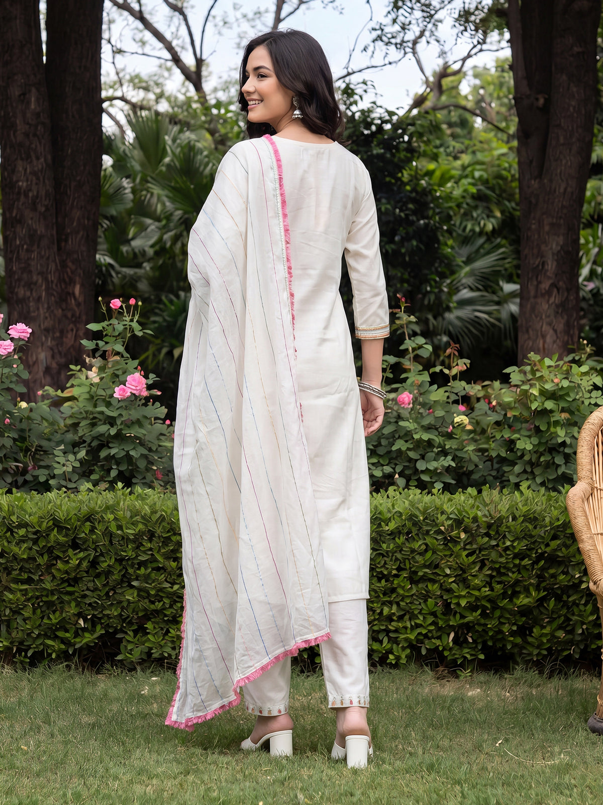 White Embroidered Straight Kurta Trousers With Dupatta Set-DD9KH569