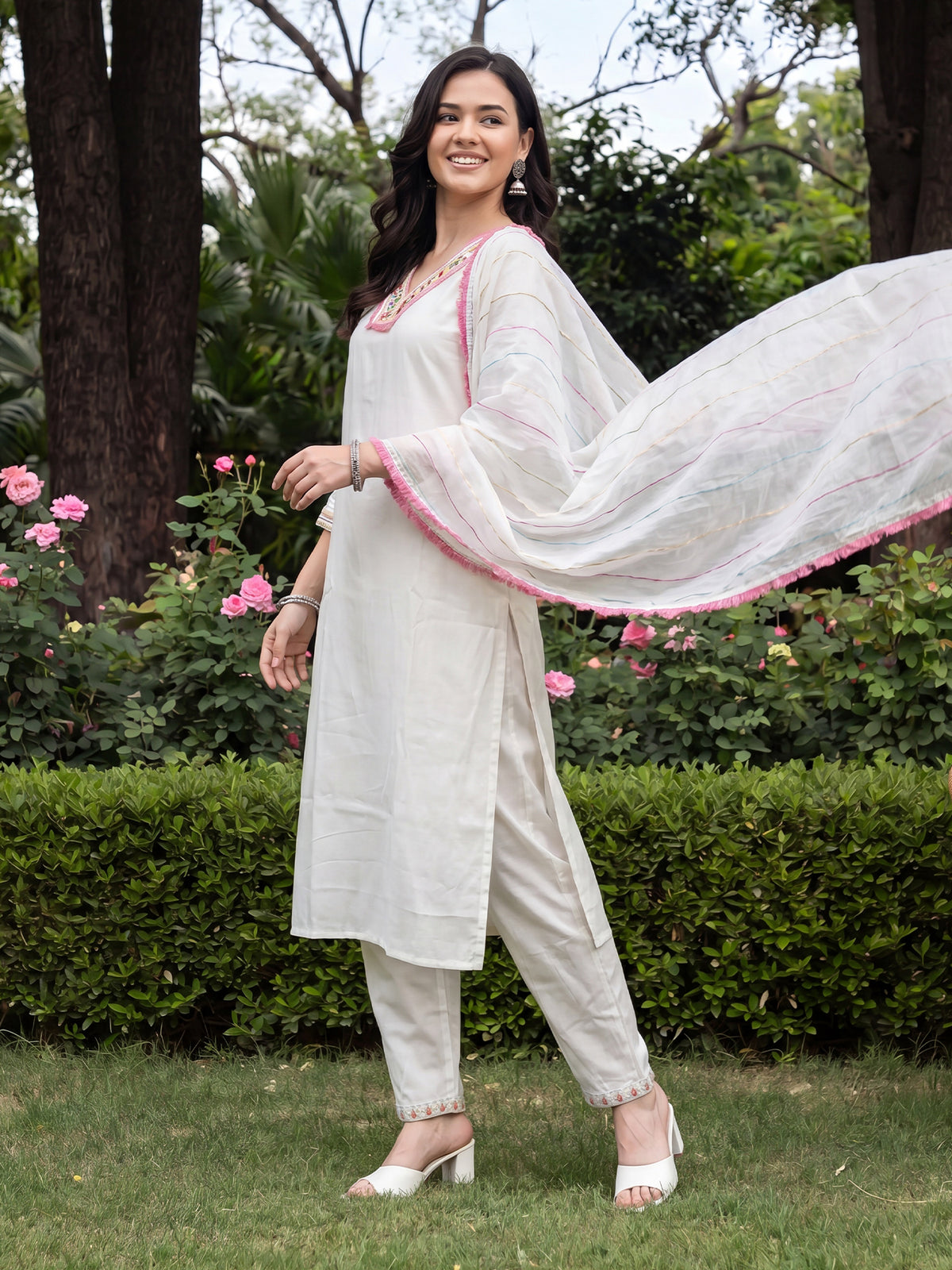 White Embroidered Straight Kurta Trousers With Dupatta Set-DD9KH569