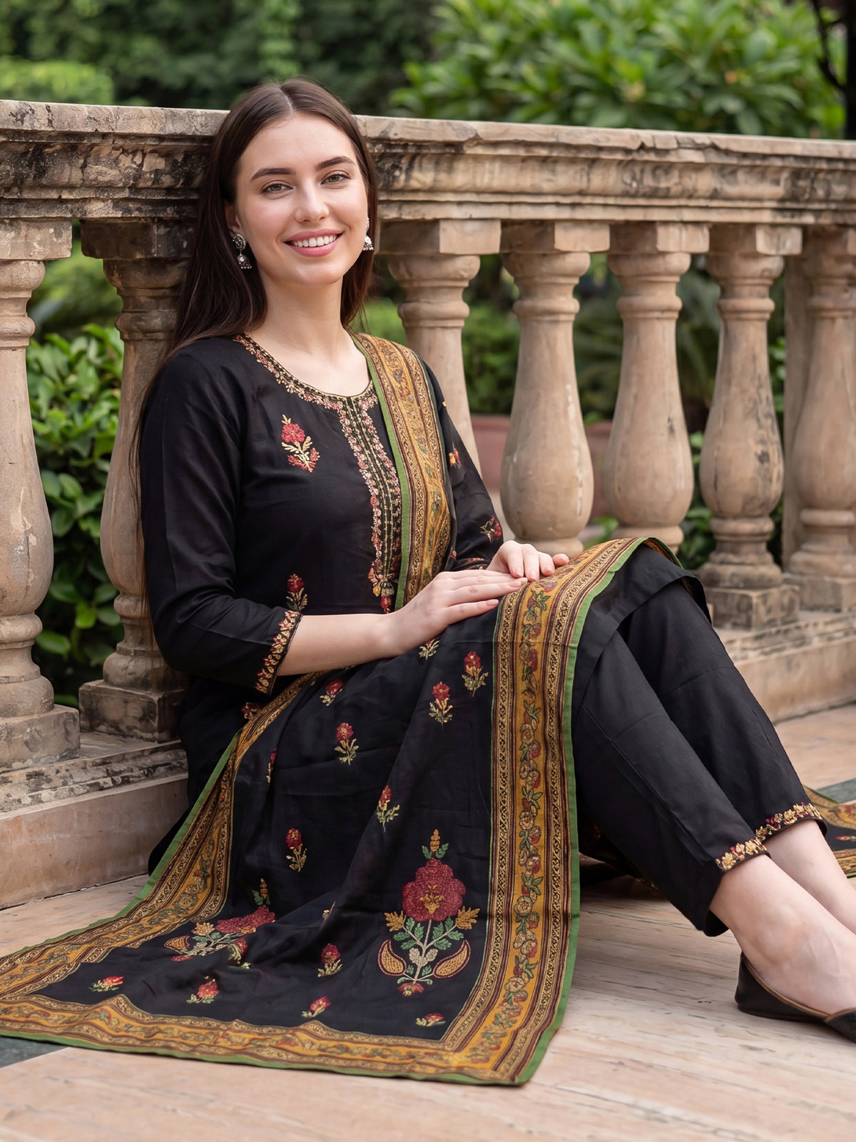 Black Embroidered Straight Kurta Trousers With Dupatta Set-KH5BK13703