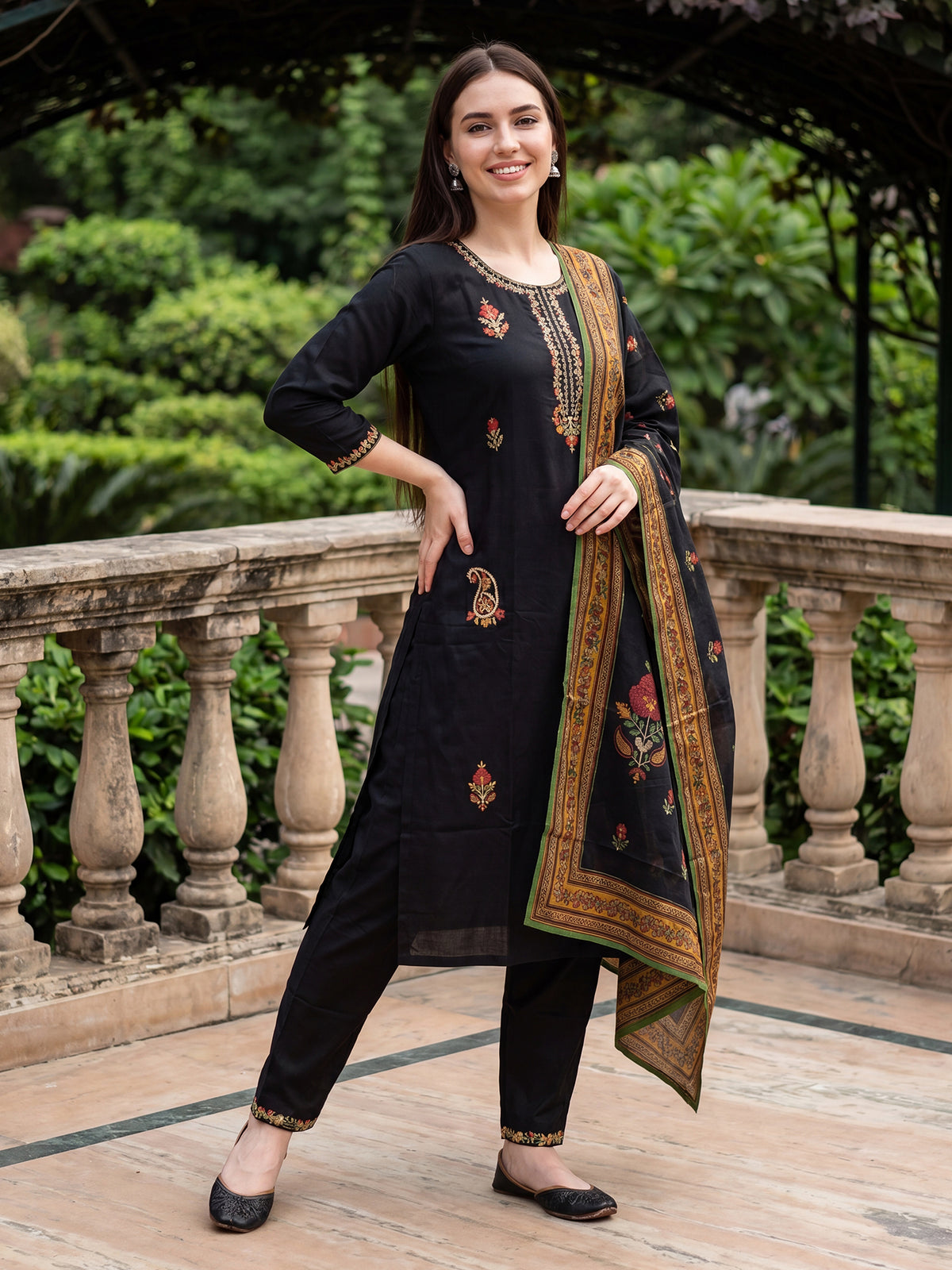 Black Embroidered Straight Kurta Trousers With Dupatta Set-KH5BK13703