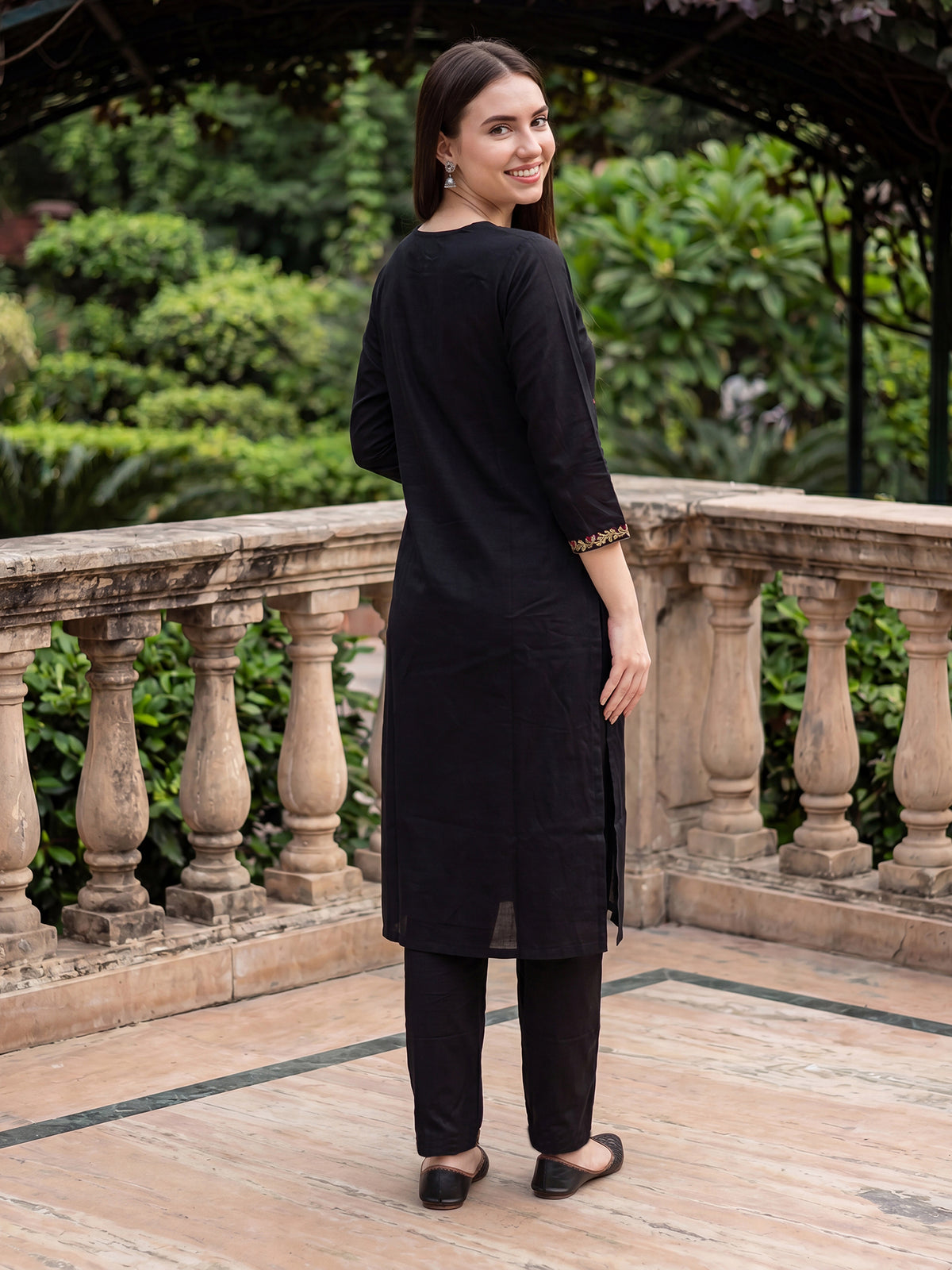 Black Embroidered Straight Kurta Trousers With Dupatta Set-KH5BK13703