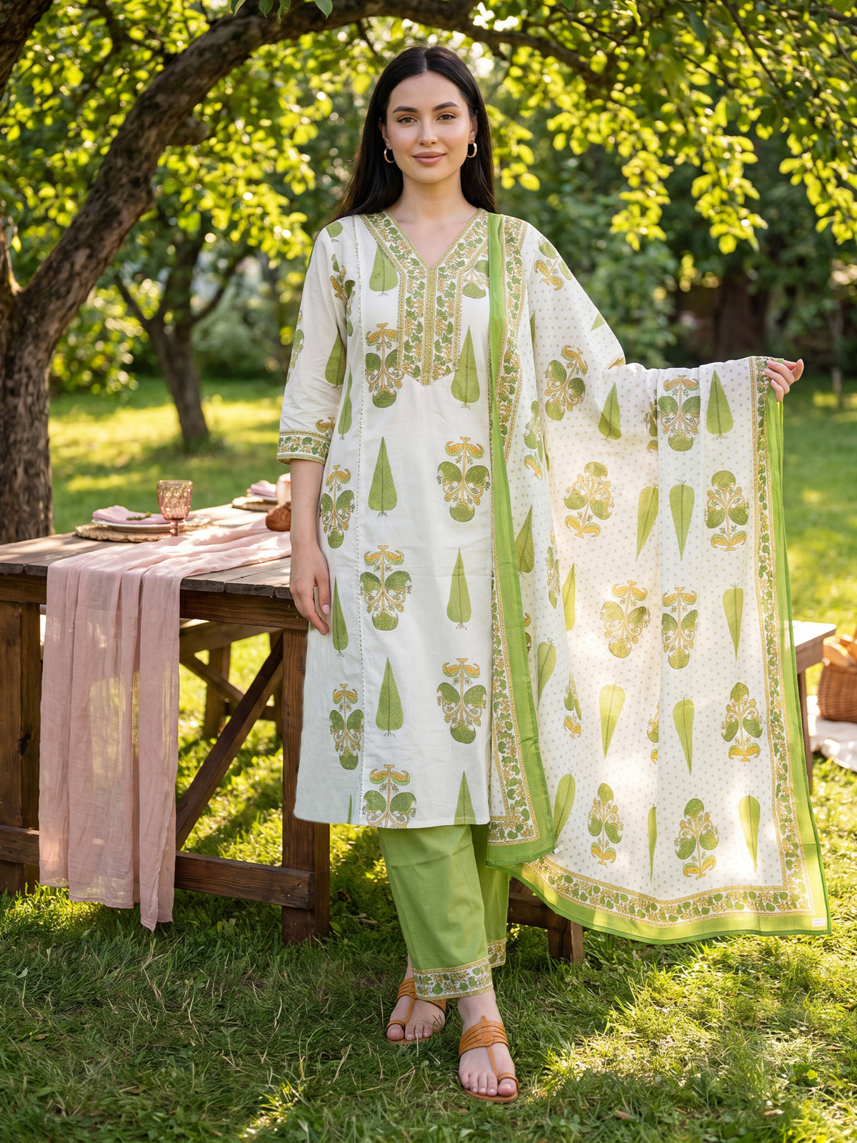 Off White Printed A-Line Kurta Trousers With Dupatta Set-KH0OW13629