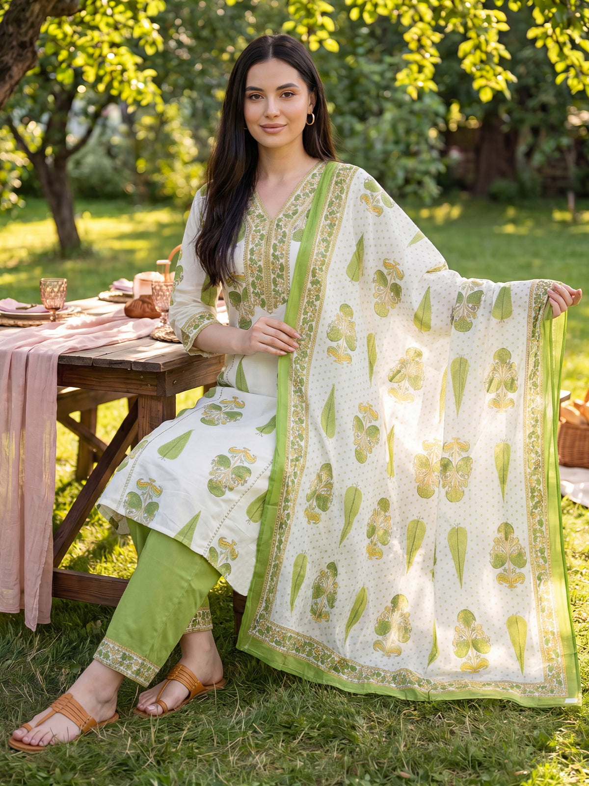 Off White Printed A-Line Kurta Trousers With Dupatta Set-KH0OW13629