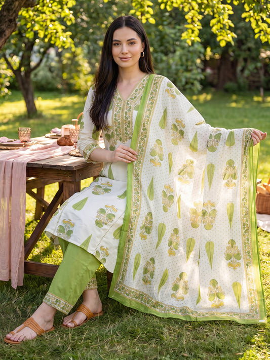 Off White Printed A-Line Kurta Trousers With Dupatta Set-KH0OW13629