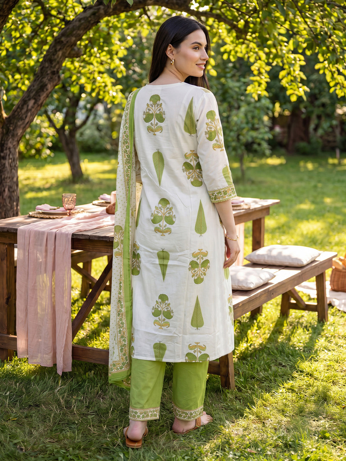 Off White Printed A-Line Kurta Trousers With Dupatta Set-KH0OW13629