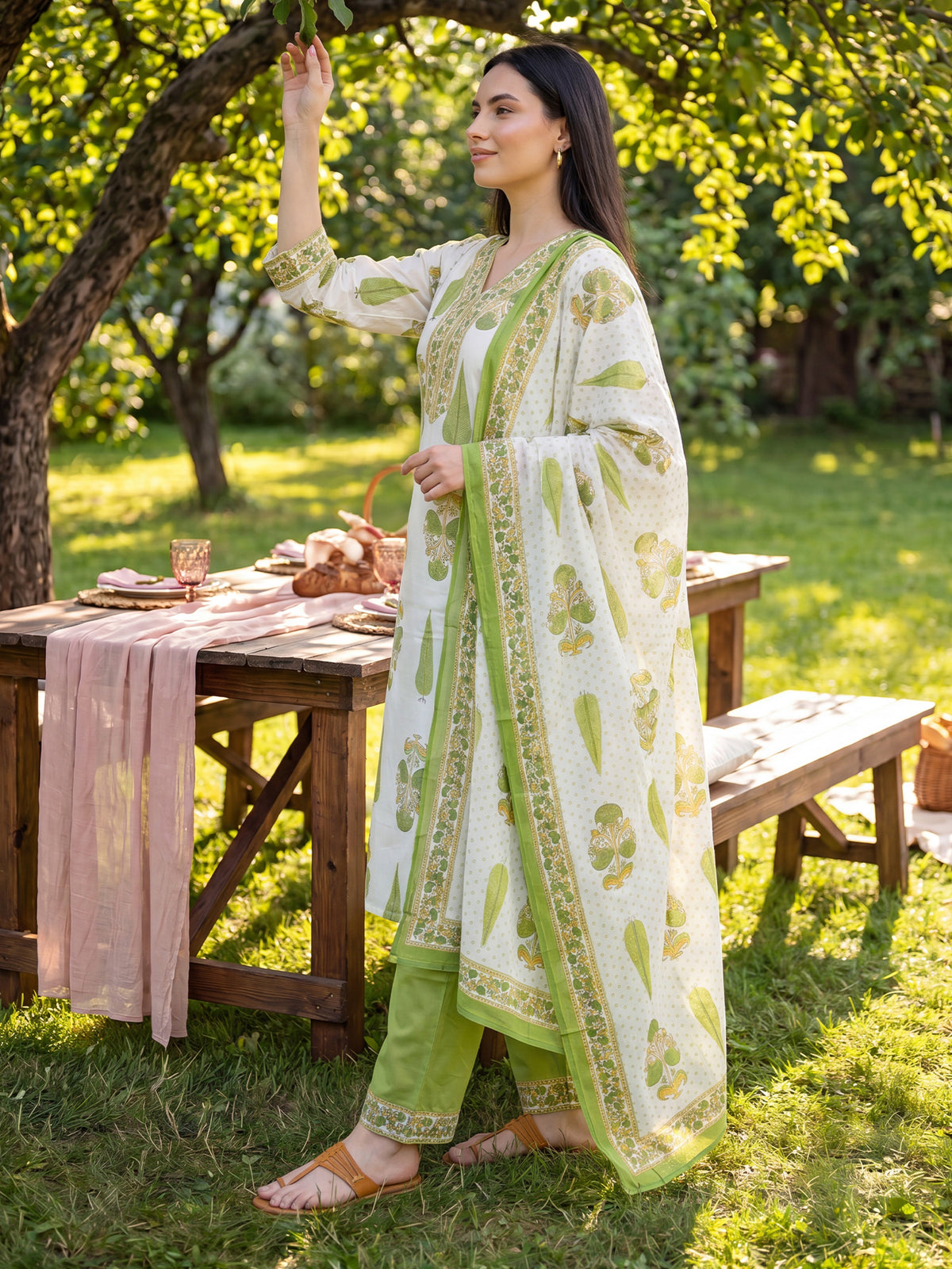 Off White Printed A-Line Kurta Trousers With Dupatta Set-KH0OW13629