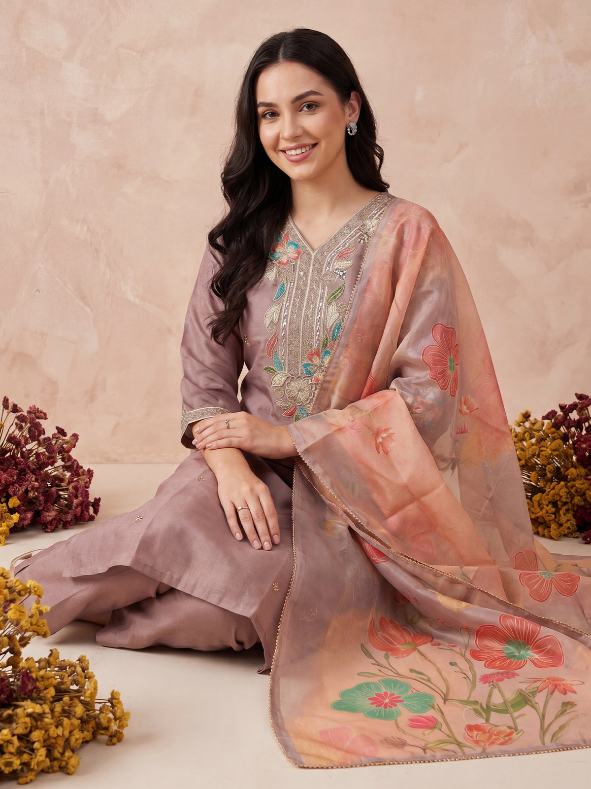 Mauve Embroidered Straight Kurta Trousers With Dupatta Set-KH9MU13622