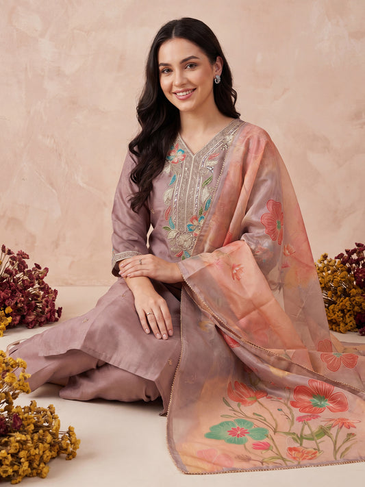 Mauve Embroidered Straight Kurta Trousers With Dupatta Set-KH9MU13622