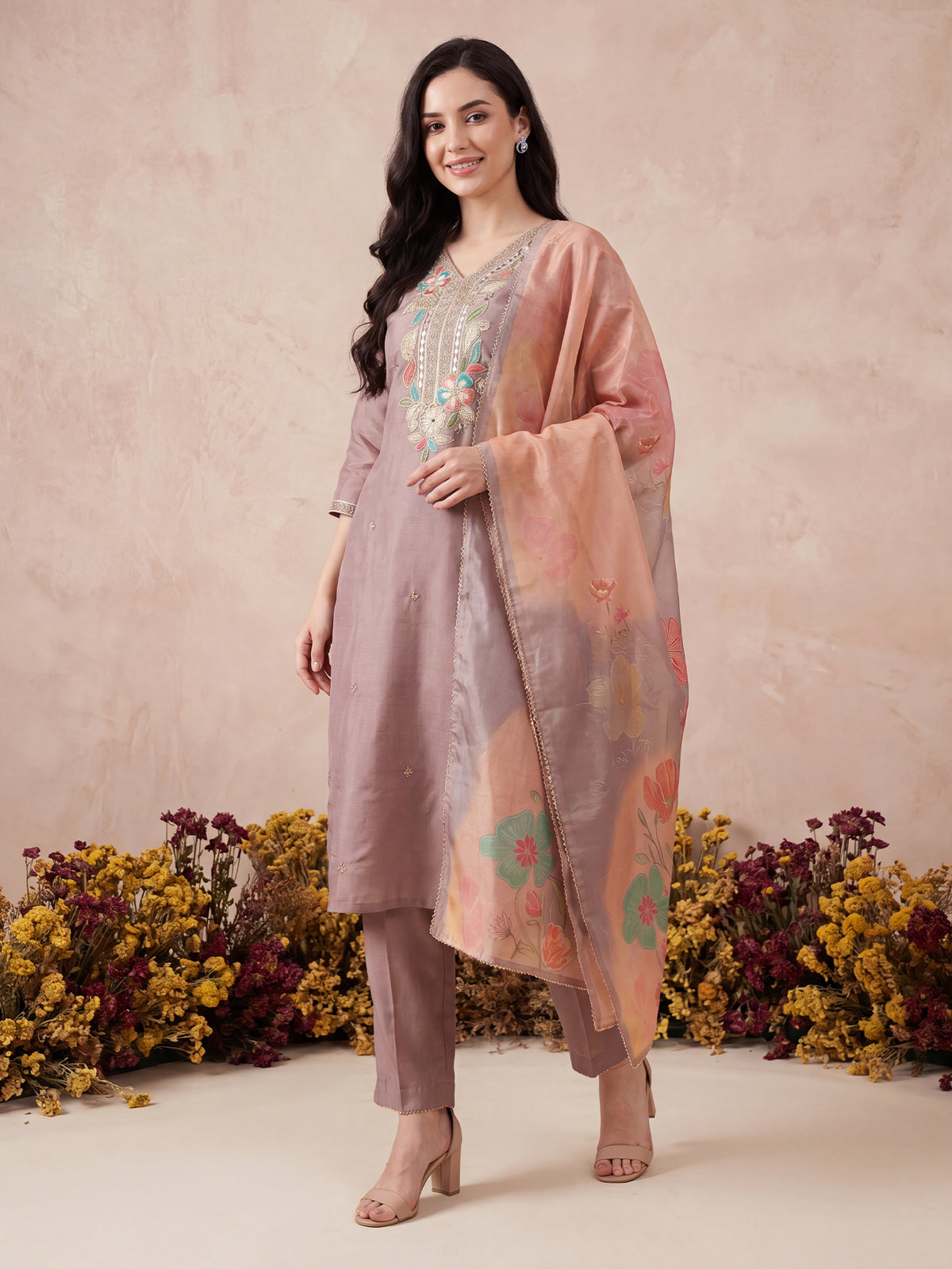 Mauve Embroidered Straight Kurta Trousers With Dupatta Set-KH9MU13622
