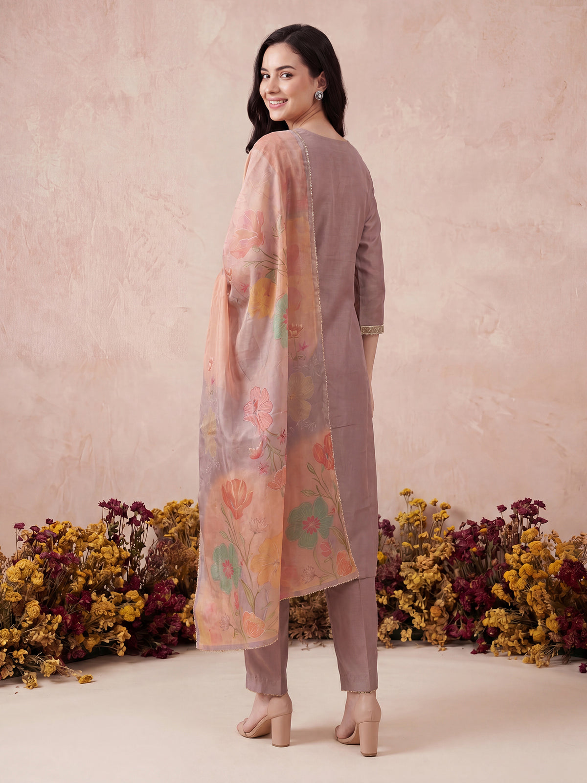 Mauve Embroidered Straight Kurta Trousers With Dupatta Set-KH9MU13622