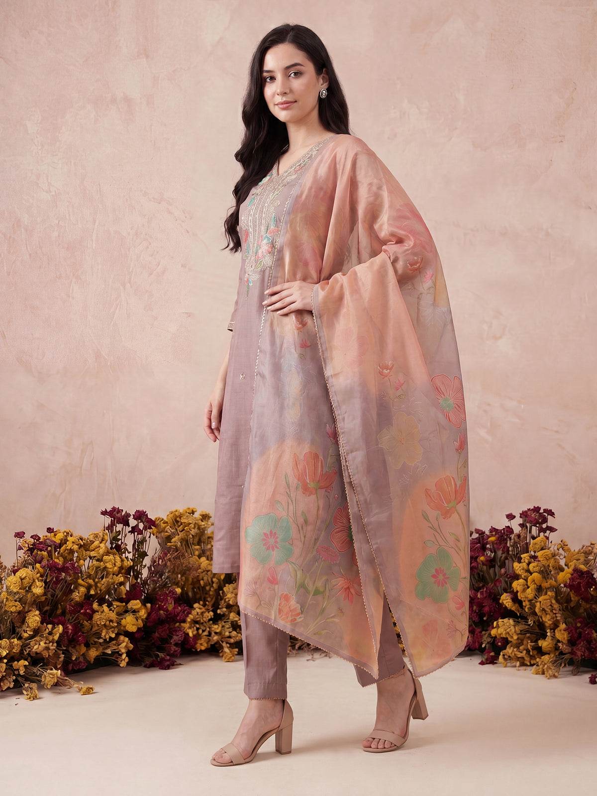 Mauve Embroidered Straight Kurta Trousers With Dupatta Set-KH9MU13622