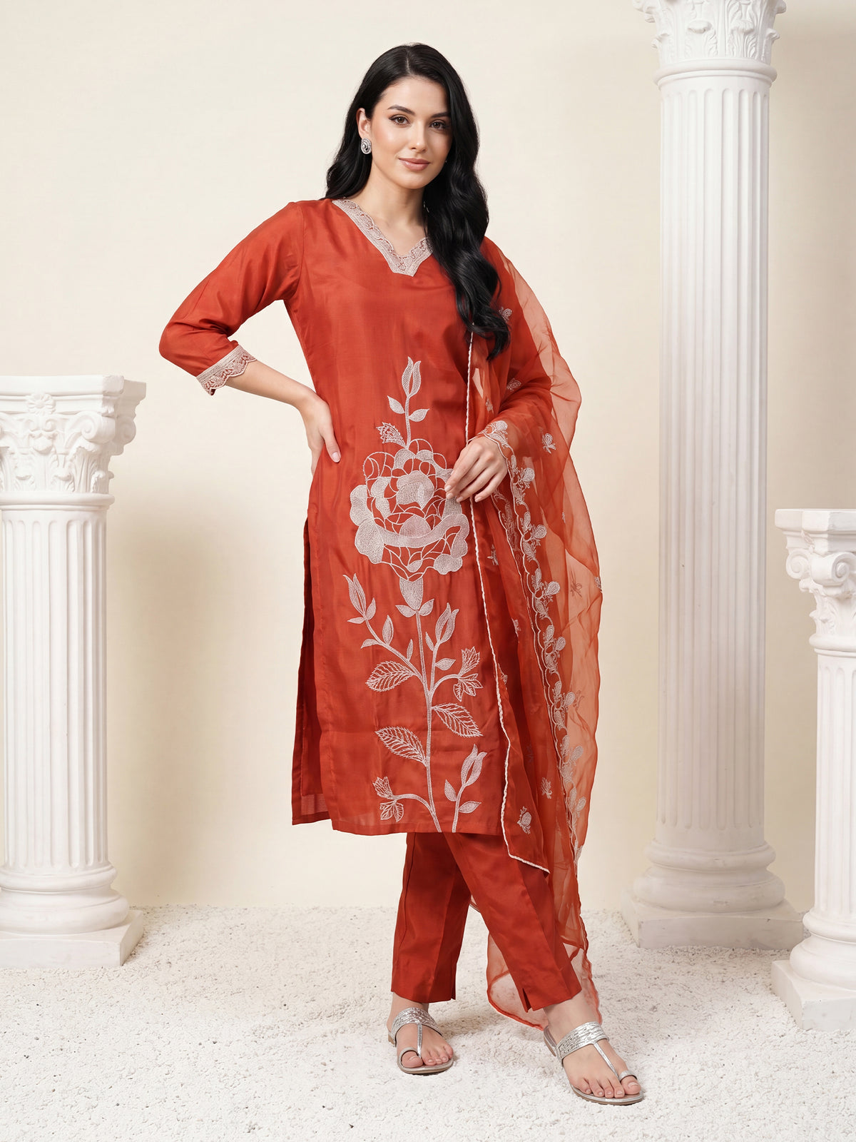 Rust Embroidered Straight Kurta Trousers With Dupatta Set-KH9RT13503