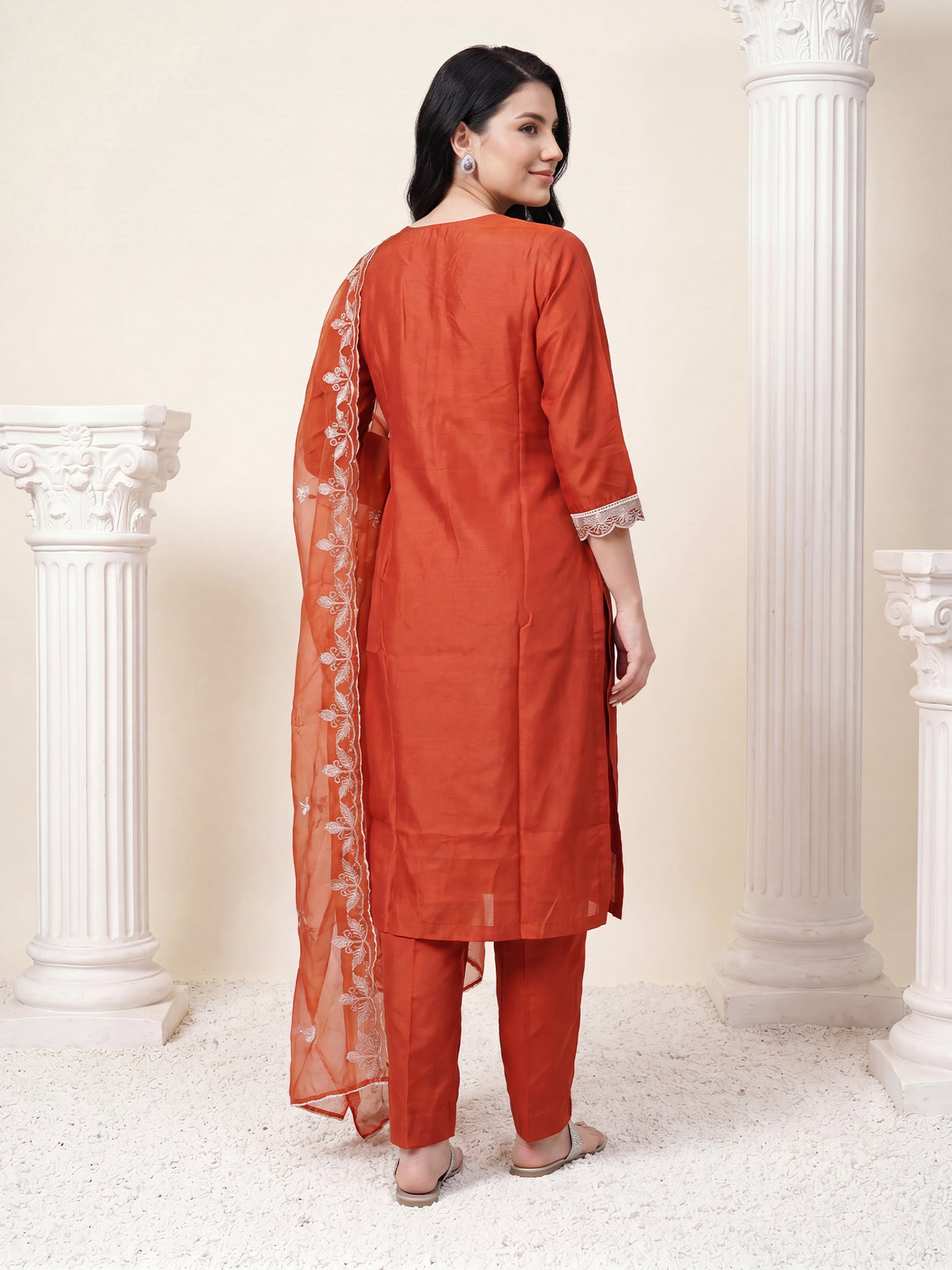 Rust Embroidered Straight Kurta Trousers With Dupatta Set-KH9RT13503