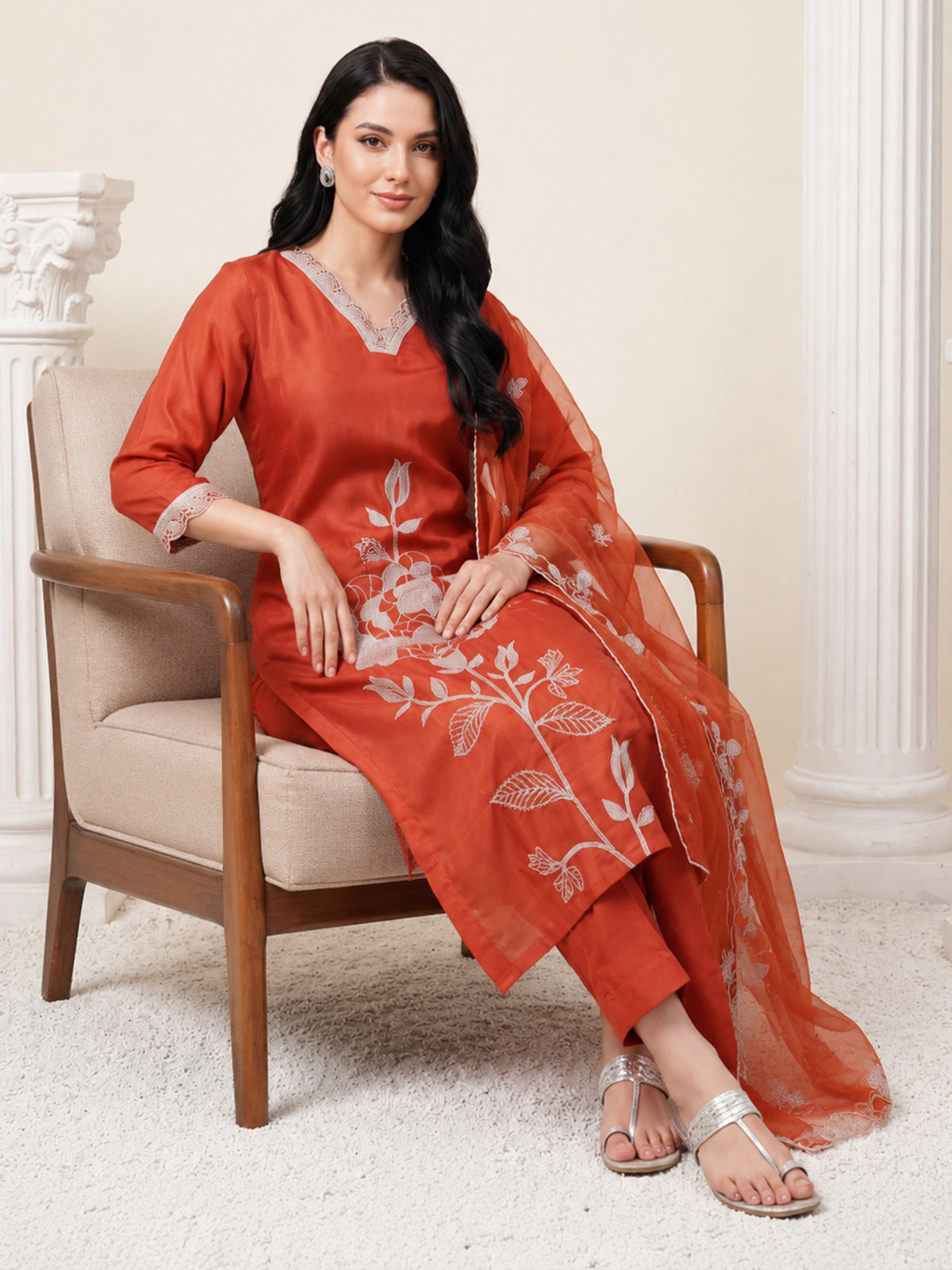 Rust Embroidered Straight Kurta Trousers With Dupatta Set-KH9RT13503