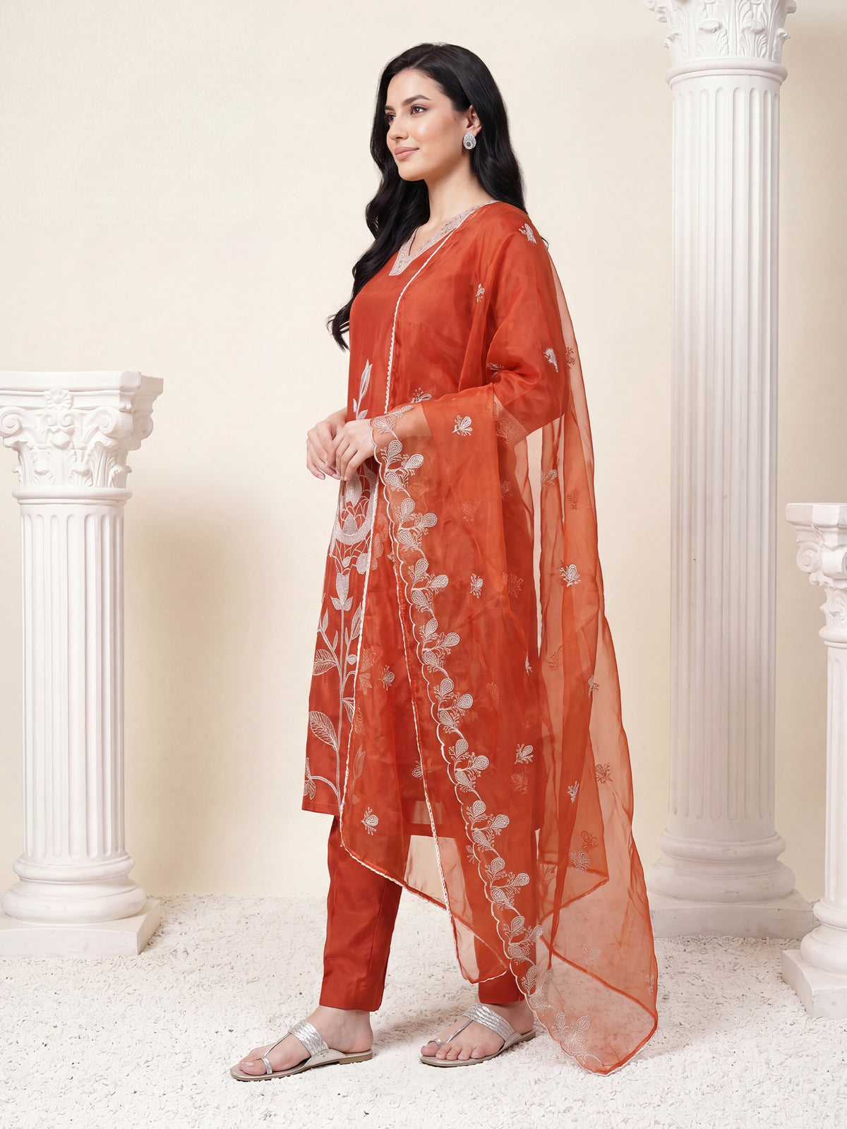 Rust Embroidered Straight Kurta Trousers With Dupatta Set-KH9RT13503
