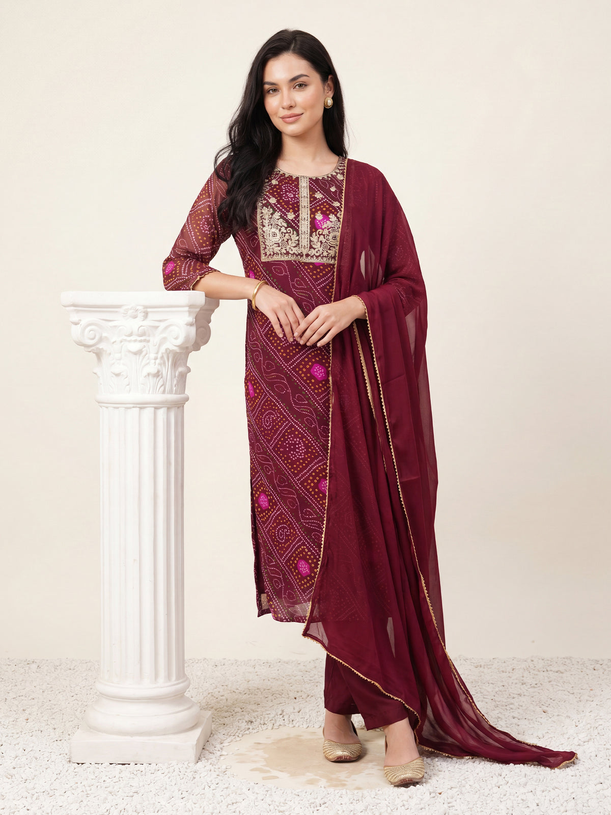 Burgundy Embroidered Straight Kurta Trousers With Dupatta Set-KH9WN13579