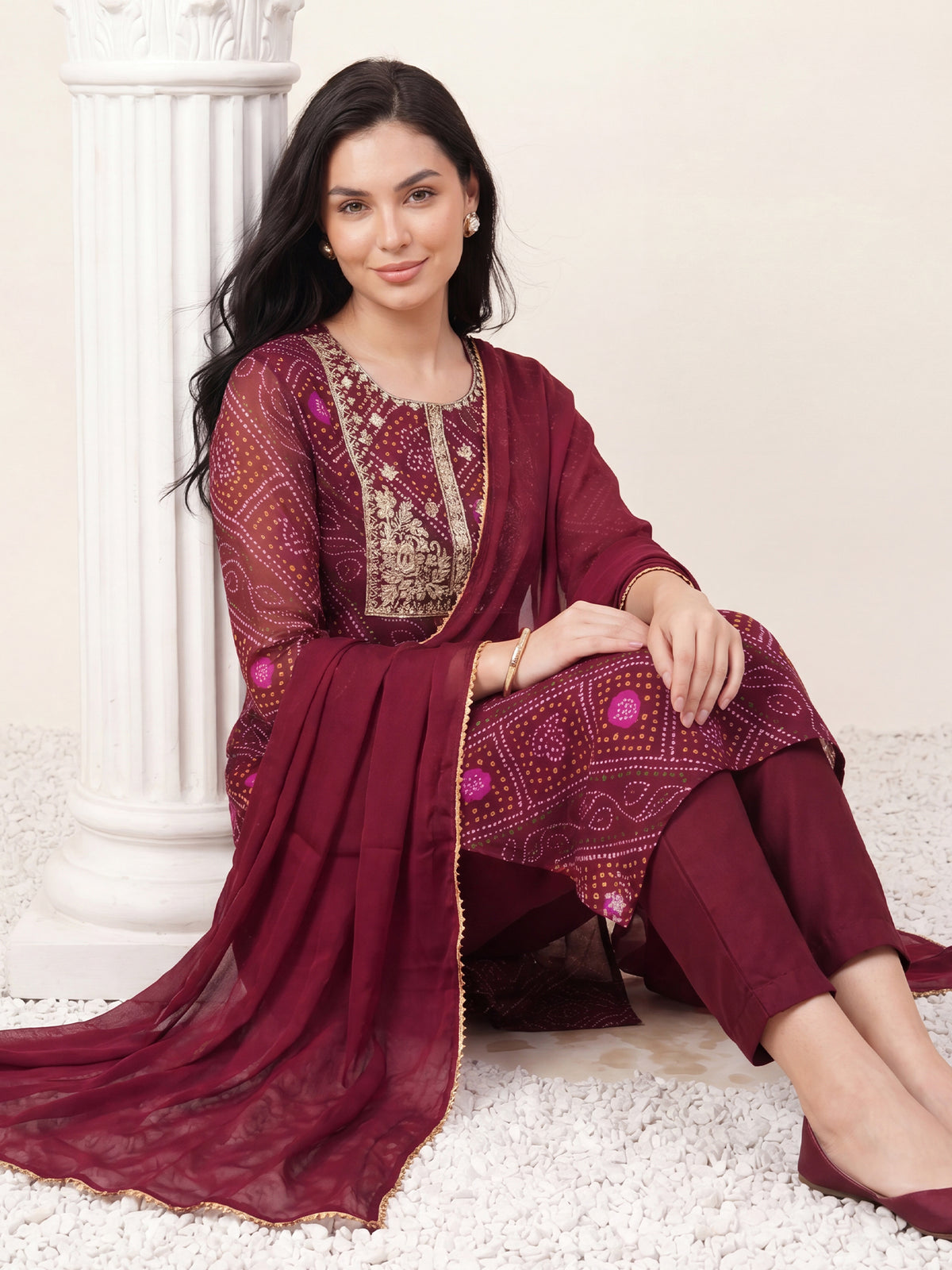 Burgundy Embroidered Straight Kurta Trousers With Dupatta Set-KH9WN13579