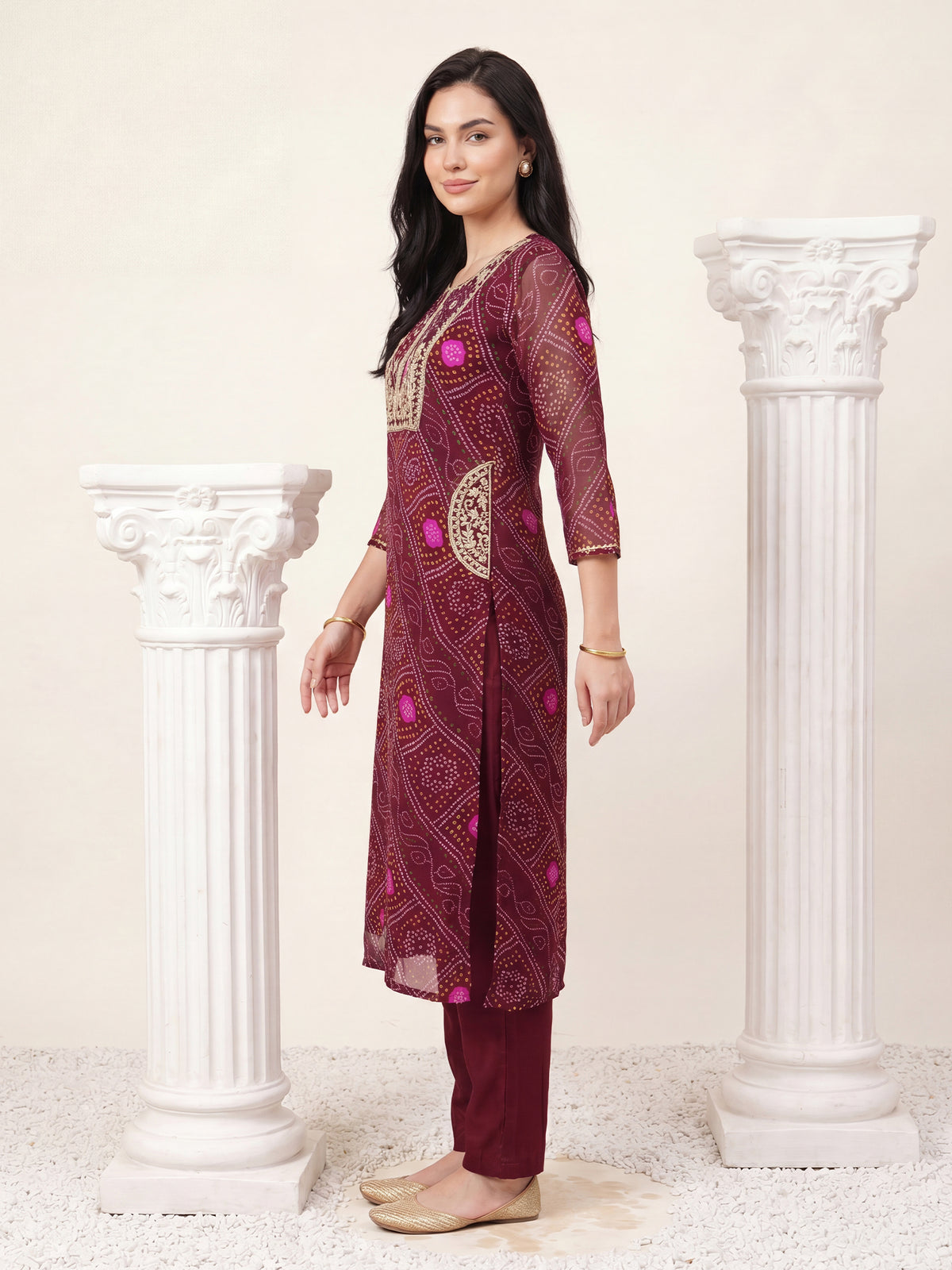 Burgundy Embroidered Straight Kurta Trousers With Dupatta Set-KH9WN13579