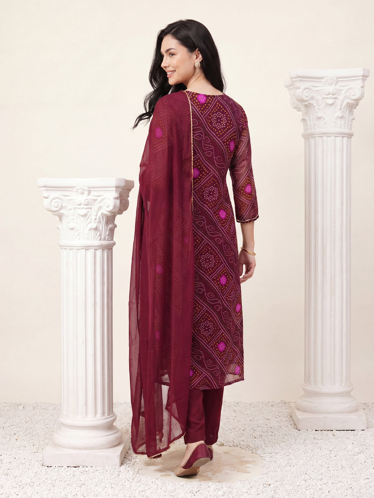 Burgundy Embroidered Straight Kurta Trousers With Dupatta Set-KH9WN13579