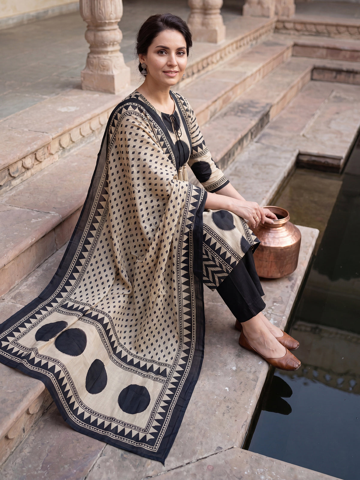 Cream Printed Straight Kurta Trousers With Dupatta Set-KH0CR13372