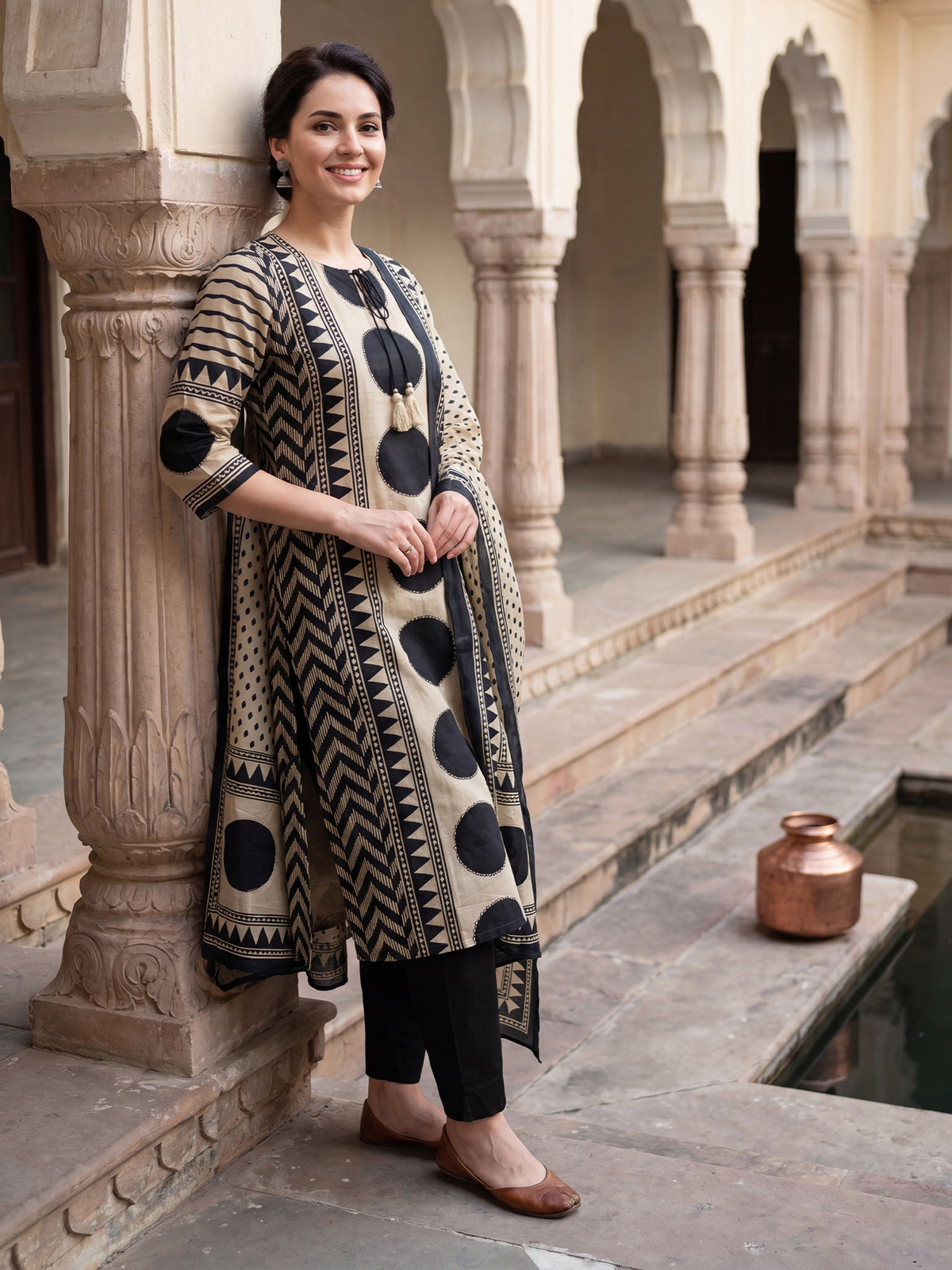 Cream Printed Straight Kurta Trousers With Dupatta Set-KH0CR13372