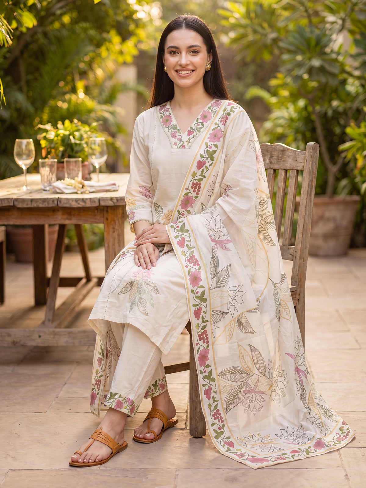 Off White Embroidered Straight Kurta Trousers With Dupatta Set-KH5OW10547