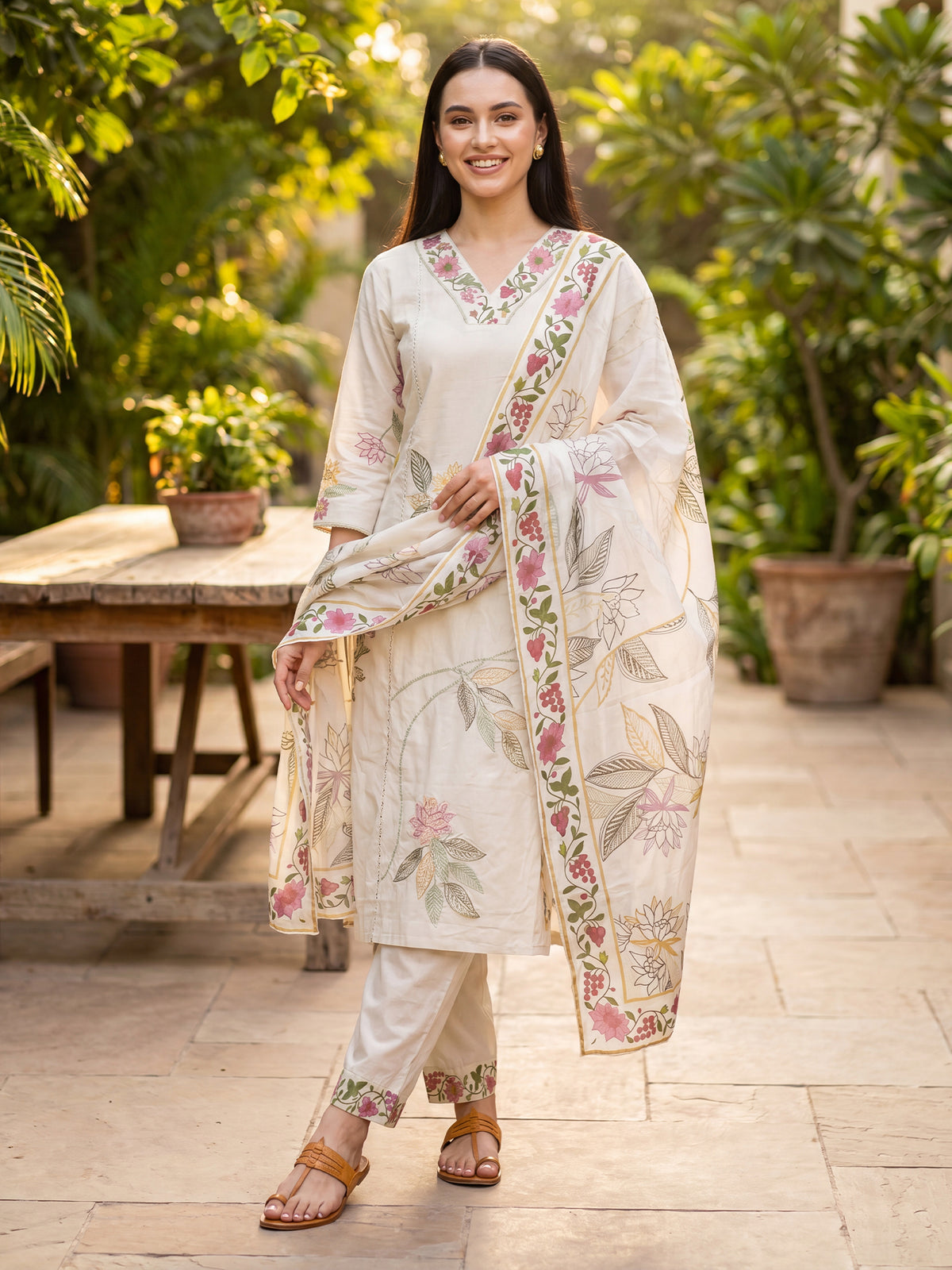 Off White Embroidered Straight Kurta Trousers With Dupatta Set-KH5OW10547