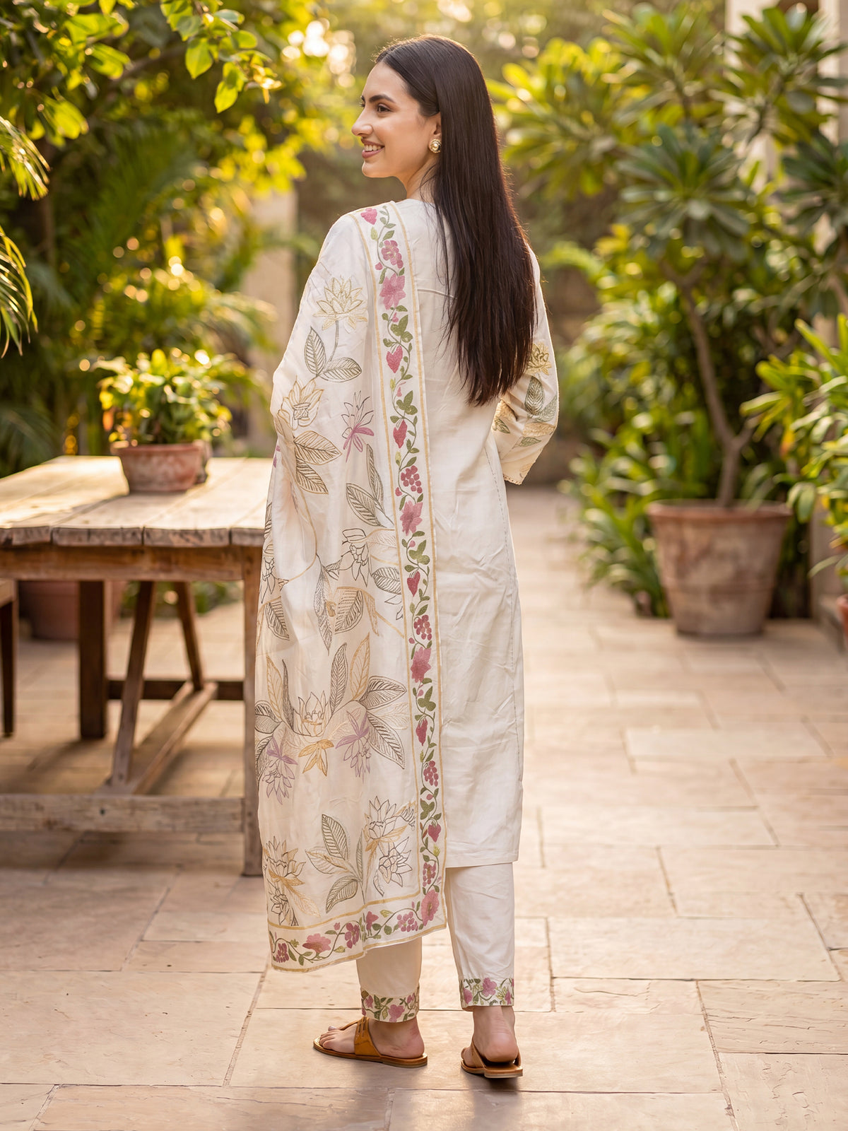 Off White Embroidered Straight Kurta Trousers With Dupatta Set-KH5OW10547