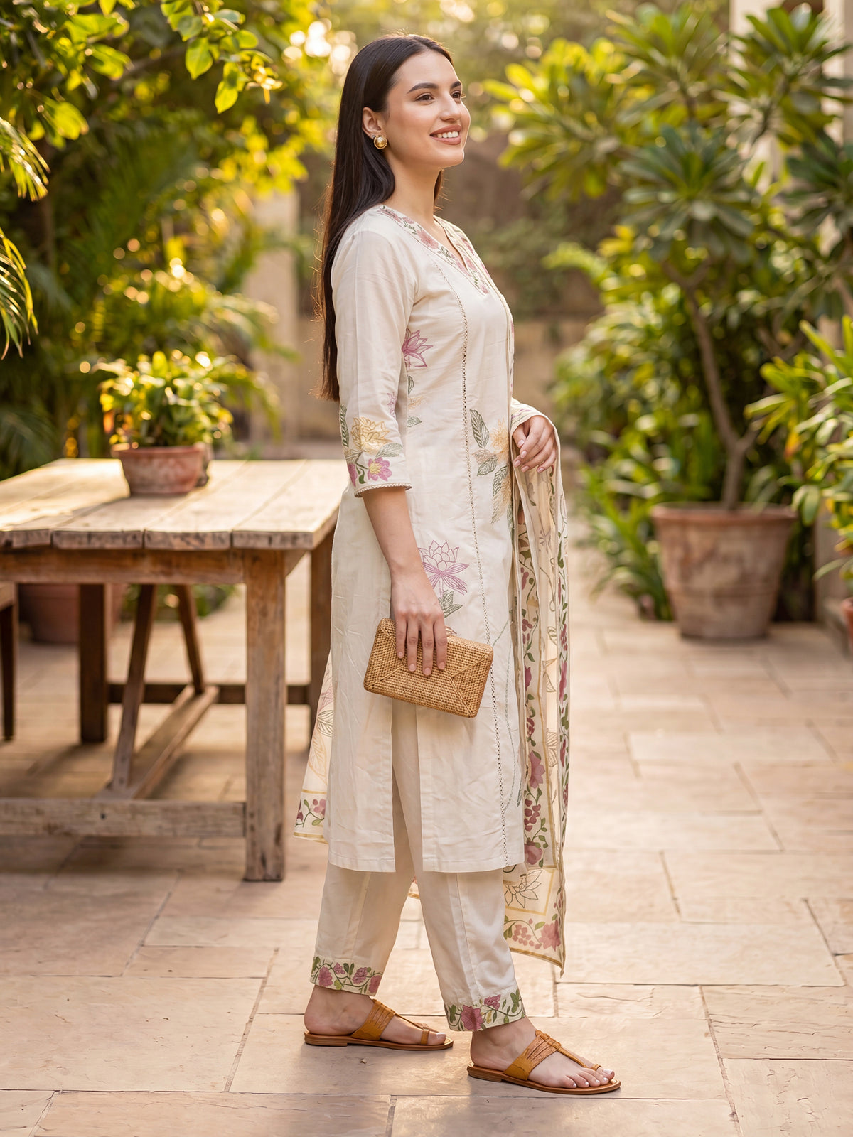 Off White Embroidered Straight Kurta Trousers With Dupatta Set-KH5OW10547