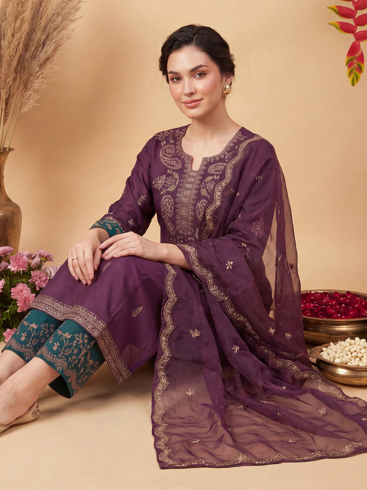 Burgundy Embroidered Straight Kurta Trousers With Dupatta Set-KH5WN10546