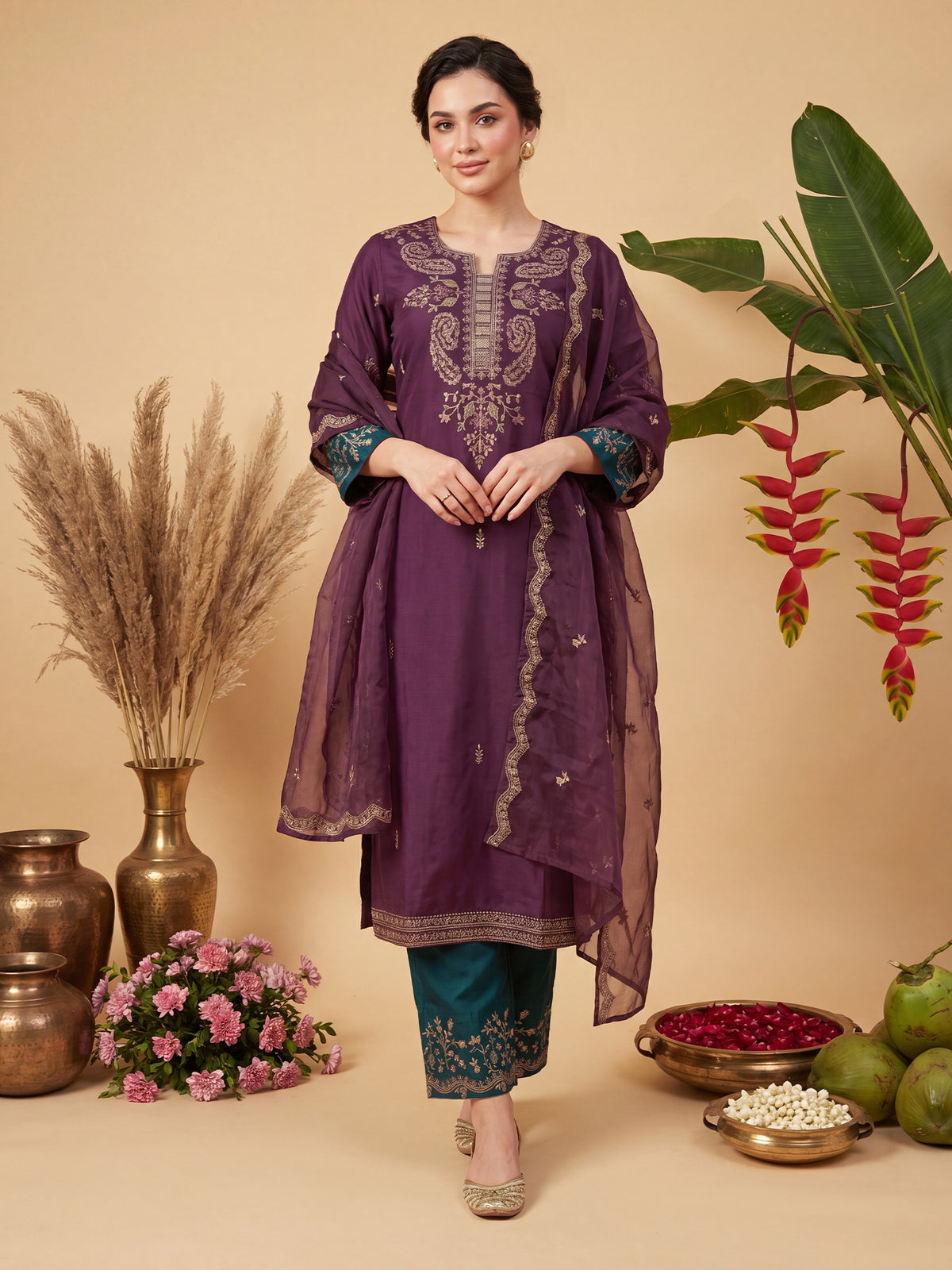 Burgundy Embroidered Straight Kurta Trousers With Dupatta Set-KH5WN10546