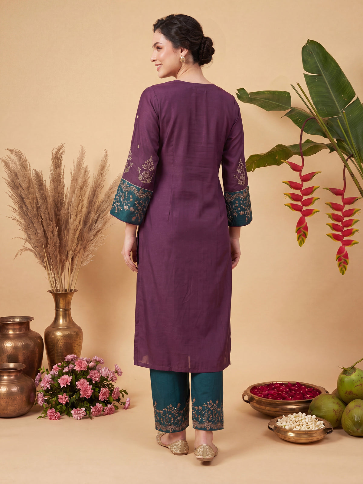 Burgundy Embroidered Straight Kurta Trousers With Dupatta Set-KH5WN10546