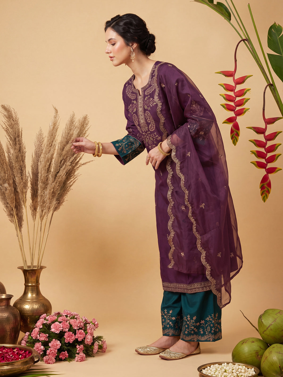 Burgundy Embroidered Straight Kurta Trousers With Dupatta Set-KH5WN10546