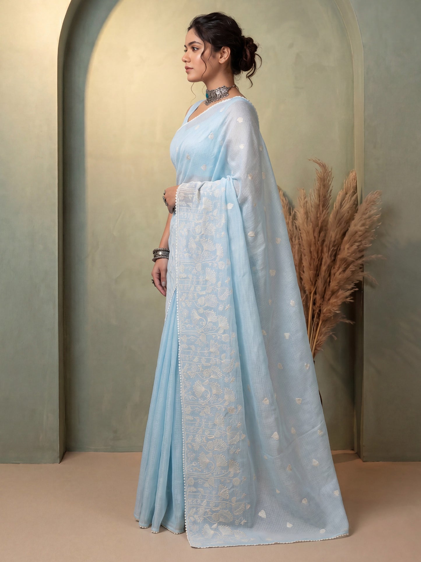 Women's Kota Doria Cotton Light Blue Embroidered Designer Saree With Blouse Piece