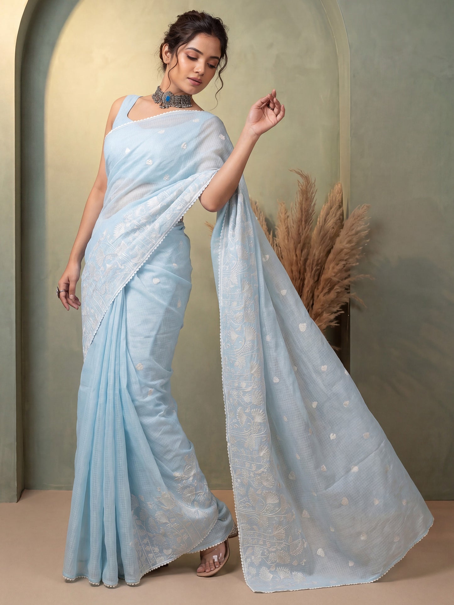Women's Kota Doria Cotton Light Blue Embroidered Designer Saree With Blouse Piece