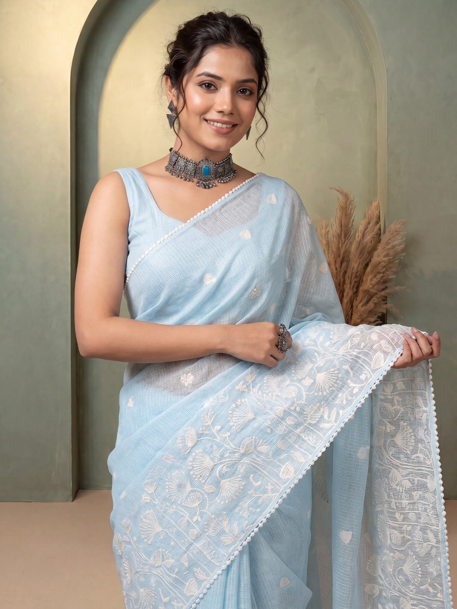 Women's Kota Doria Cotton Light Blue Embroidered Designer Saree With Blouse Piece