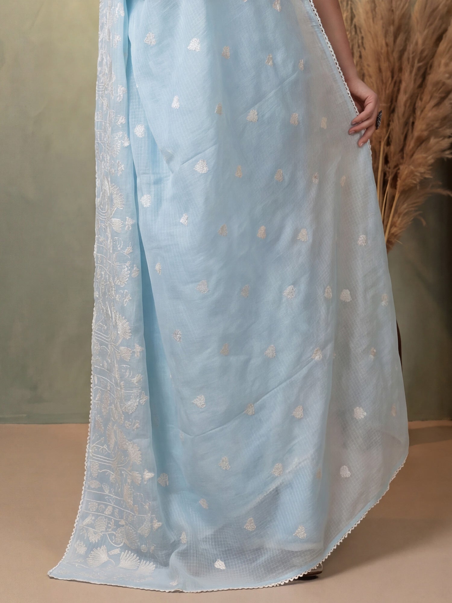 Women's Kota Doria Cotton Light Blue Embroidered Designer Saree With Blouse Piece