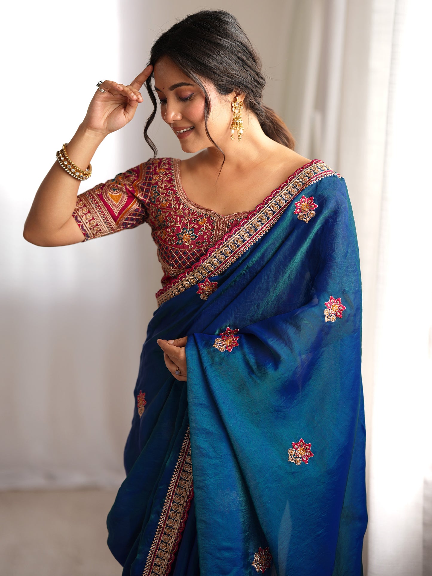 Women's Satin Navy Blue Zari Embroidered Designer Saree With Blouse Piece